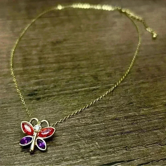Jewelry - Red and Purple Rhinestone Wings Butterfly Gold Tone Necklace